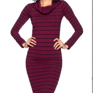 Burgundy & Black Long Sleeve Off The Shoulder Dress